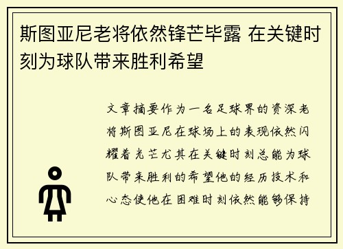 斯图亚尼老将依然锋芒毕露 在关键时刻为球队带来胜利希望