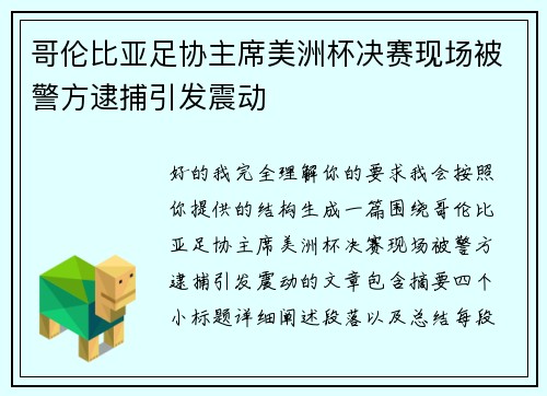 哥伦比亚足协主席美洲杯决赛现场被警方逮捕引发震动 哥伦比亚足协主席美洲杯决赛现场被警方逮捕引发震动